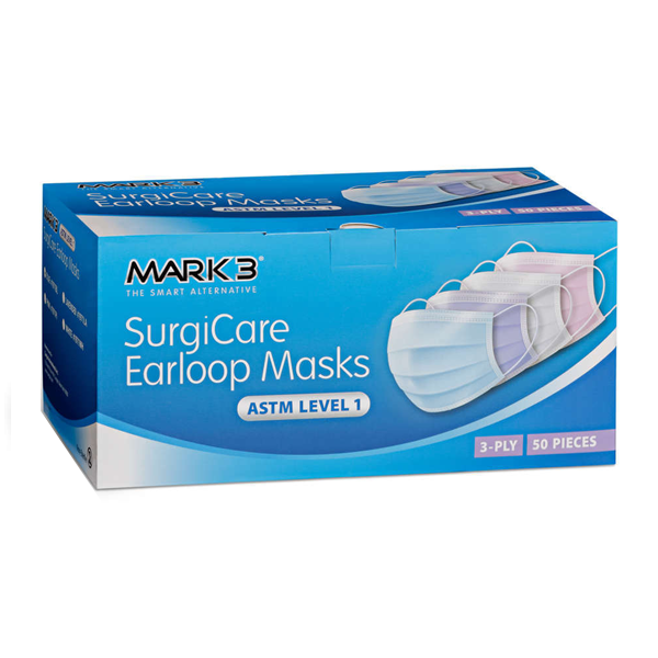 MARK3 SurgiCare 3-Ply, ASTM Level 1 Earloop Face Masks, Lavender, 50/Box