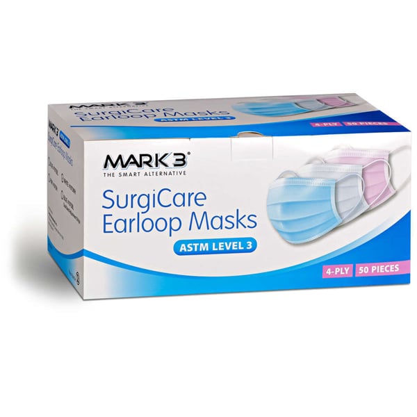 MARK3 SurgiCare Earloop Face Masks, ASTM Level 3, Blue, 50/Box