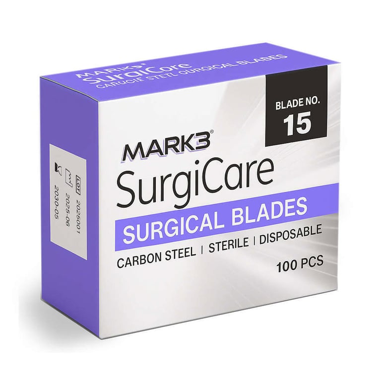 MARK3 SurgiCare #15 Sterile Carbon Steel Blades, 100/Box. Individually sealed. Ultra-sharp