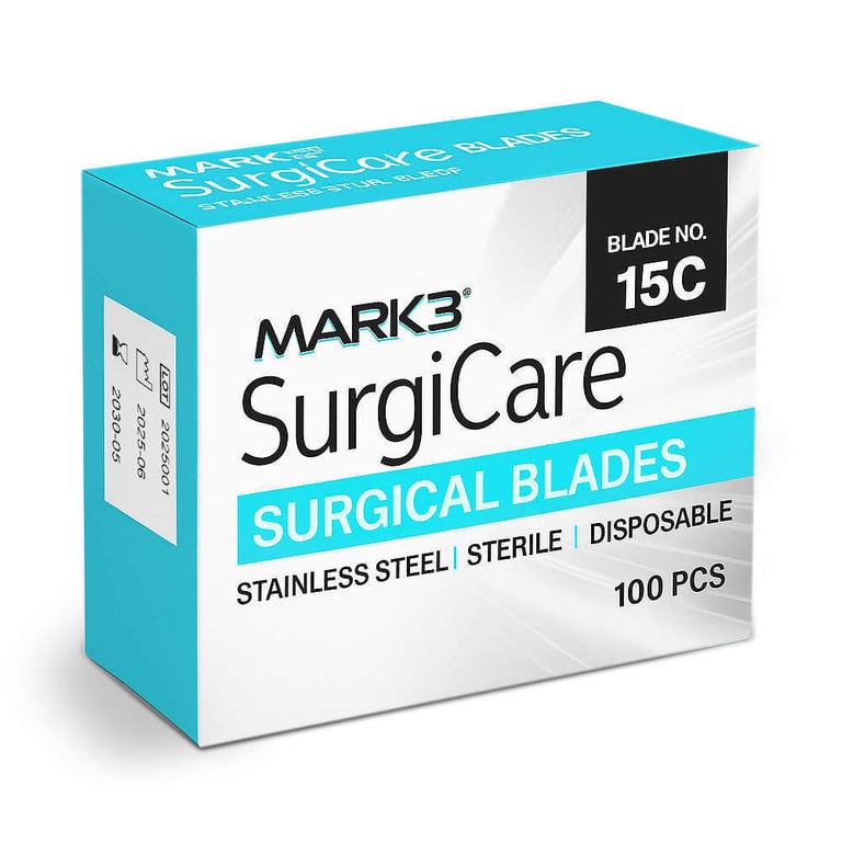 MARK3 SurgiCare #15C Sterile Stainless Steel Blades, 100/Box. Individually sealed. Ultra-sharp