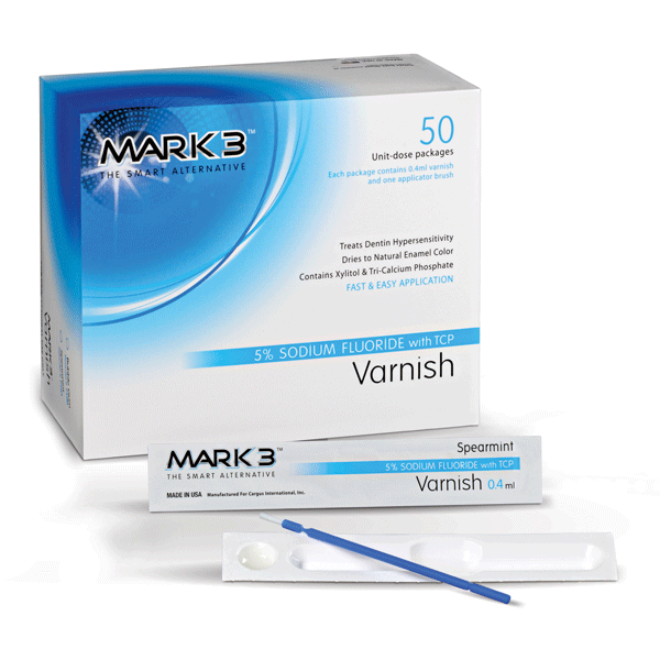 MARK3 5% Sodium Fluoride Varnish with TCP - Spearmint, 50 Unidose packages, each of .04ml Varnish
