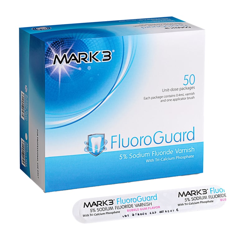 MARK3 FluoroGuard 5% Sodium Fluoride Varnish w/TCP, Bubblegum, 50/Pk. Features Tri-Calcium