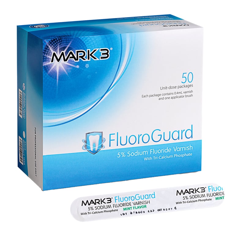 MARK3 FluoroGuard 5% Sodium Fluoride Varnish w/TCP, Mint, 50/Pk. Features Tri-Calcium Phosphate