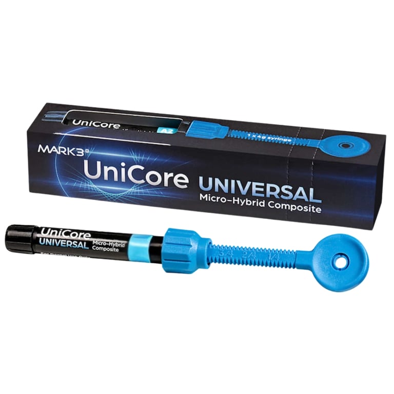 MARK3 UniCore Universal Micro-Hybrid Composite, B3, 4g Syringe, 1/Pk. High-density inorganic