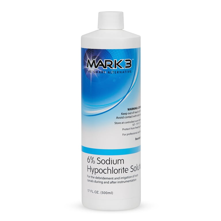 MARK3 Sodium Hypochlorite Solution 6% 17oz Bottle. Irrigation solution with highly effective