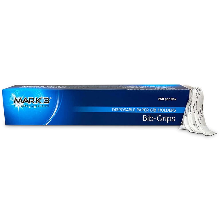 MARK3 Bib-Grips Disposable Paper Bib Holders, 250/Box. Soft, stretchable, and lightweight