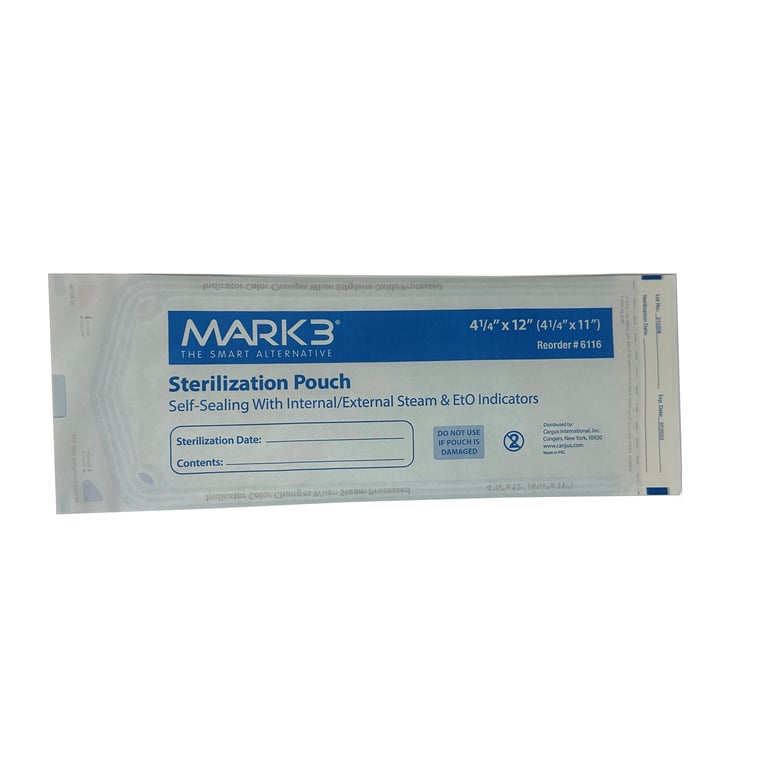 MARK3 Self-Sealing Sterilization Pouch, 4-1/4" x 12" (4-1/4" x 11"), 200/Box. Has 2 large
