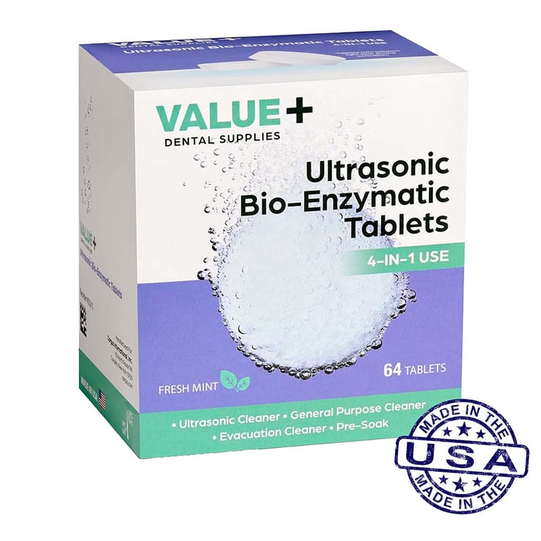 Value+ Ultrasonic Enzyme Cleaner 4-in-1 Tablets, 64/Box. Bio-enzymatic cleaning tablets designed