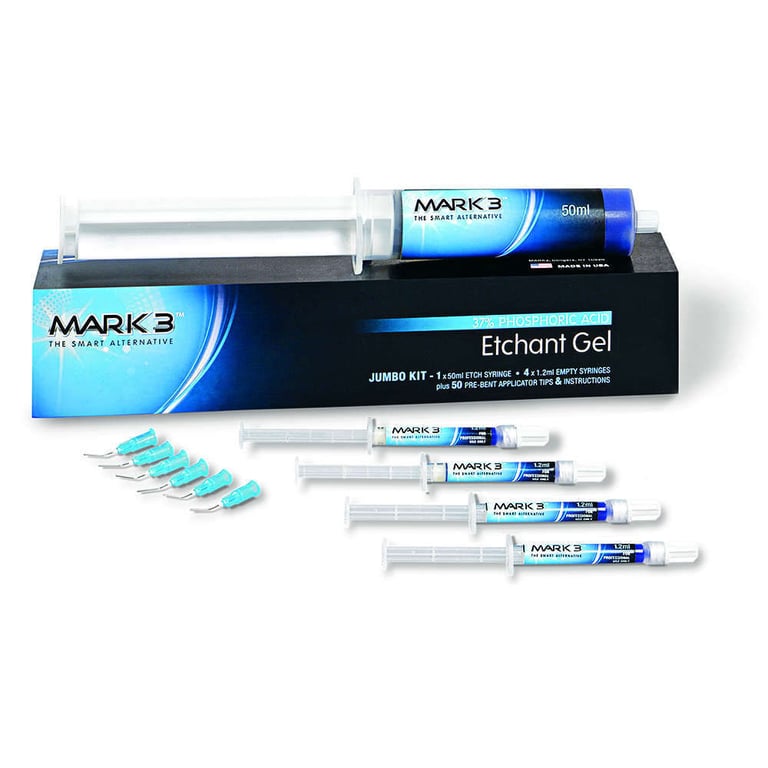 MARK3 Etchant Gel 37% Phosphoric Acid, Jumbo Pack 50 mL Syringe Kit. Includes: 4 x 1.2 mL empty
