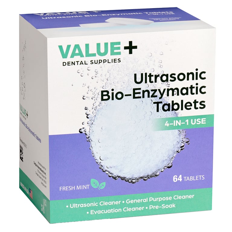 Value+ Ultrasonic Enzyme Cleaner 4-in-1 Tablets, 64/Box. Bio-enzymatic cleaning tablets designed