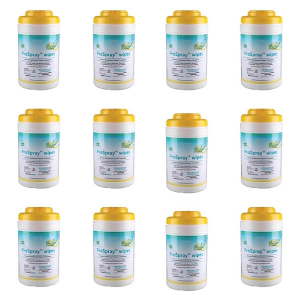 ProSpray Wipes 6" x 6.75", Case of 12 x 240 Wipes/Can. Non-Staining Surfaces Disinfectant Wipes