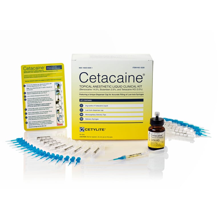 Cetacaine Topical Anesthetic Liquid Clinical Kit. Includes: one 24g bottle, 100 tips and syringes