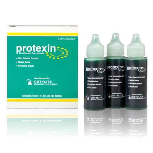 Protexin Mouthwash Concentrate. 3 - 1 oz. bottles. A Zinc Chloride Formula. Mint Flavor. can be