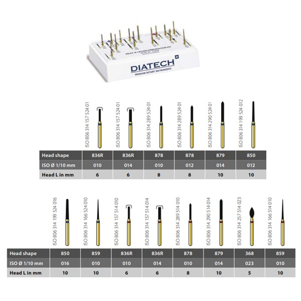 Diatech Inlay & Crown Preparation Kit. Contains 14 FG Multilayer Diamond Burs Net32