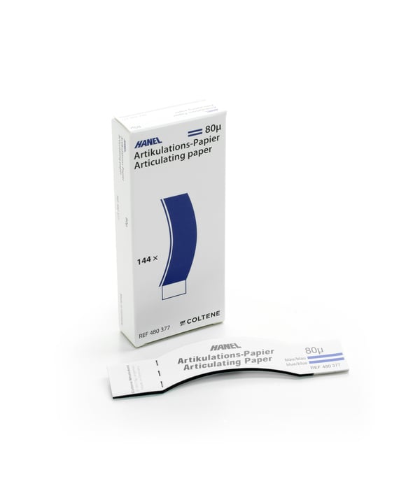 Hanel C-Shaped Curved Articulating Paper Strips, 80 micron, Blue, Box of 144 strips