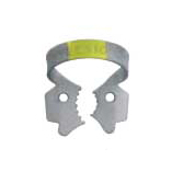 Hygenic Fiesta Color Coded Clamps. #12A (yellow) winged metal dam clamp. Serrated jaw clamp, upper
