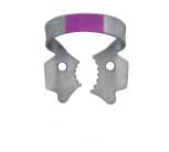 Hygenic Fiesta Color Coded Clamps. #13A (pink) winged metal dam clamp. Serrated jaw clamp, upper