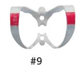 Hygenic Fiesta Color Coded Clamps. #9 (red) winged metal dam clamp. Anterior teeth. Single clamp
