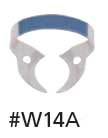 Hygenic Fiesta Color Coded Clamps. #14A (dark blue) wingless metal dam clamp. Downward sloped jaws