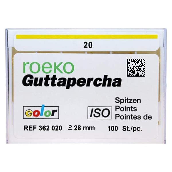 Roeko #20 Gutta Percha Points. 100/Box. EXPORT PACKAGE. Color coded point, length min 28 mm