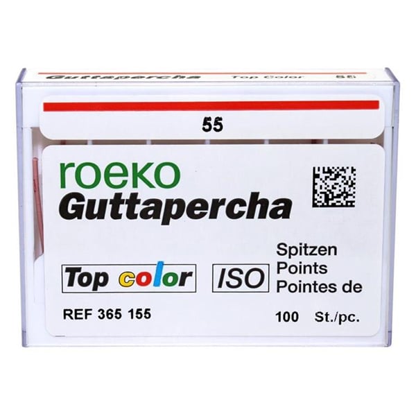 Roeko #55 Gutta Percha Points. 100/Box. EXPORT PACKAGE. Pink point with color coded end, length
