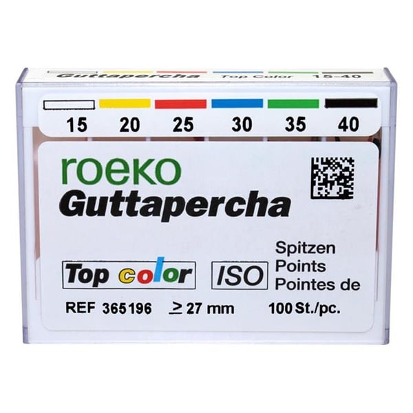 Roeko #15-40 Gutta Percha Points. 100/Box. EXPORT PACKAGE. Pink point with color coded end