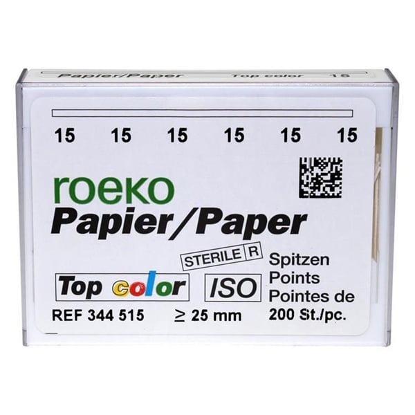Roeko Top Color #15 Absorbent Paper Points - 200/Box, EXPORT PACKAGE. White points with color