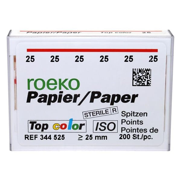 Roeko Top Color #25 Absorbent Paper Points - 200/Box, EXPORT PACKAGE. White points with color