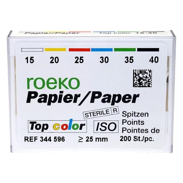 Roeko Top Color #15-40 Absorbent Paper Points - 200/Box, EXPORT PACKAGE. White points with color