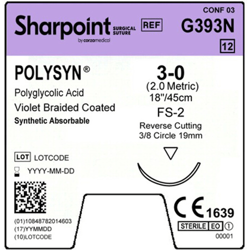 Sharpoint 3-0, 18-inch PolySyn Absorbable Surgical Suture, Violate Braided Coated, 12/Box. FS-2