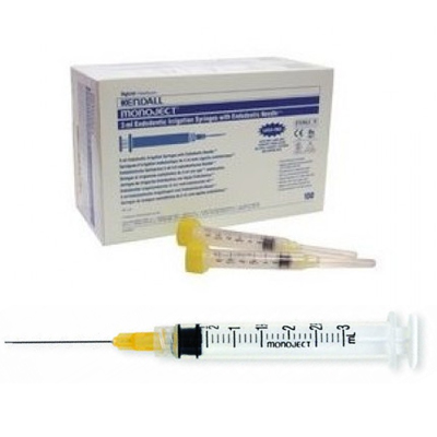 Monoject #513 ED 3cc Irrigating Syringes with 27 gauge x 1.25" Needle, Yellow Cap, with Notched