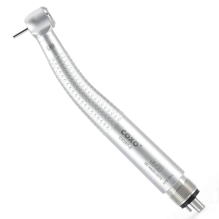Coxo LED High-Speed Handpiece, 300k-400k RPM, 4-Hole, Push Button, 1/Pk. Features a ring-style
