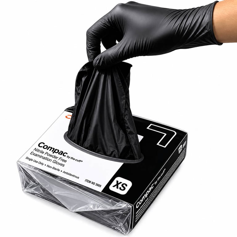Compac By The Cuff Nitrile Powder Free Exam Gloves, Non-Sterile, X-Small, Black, 100/Pk. Features