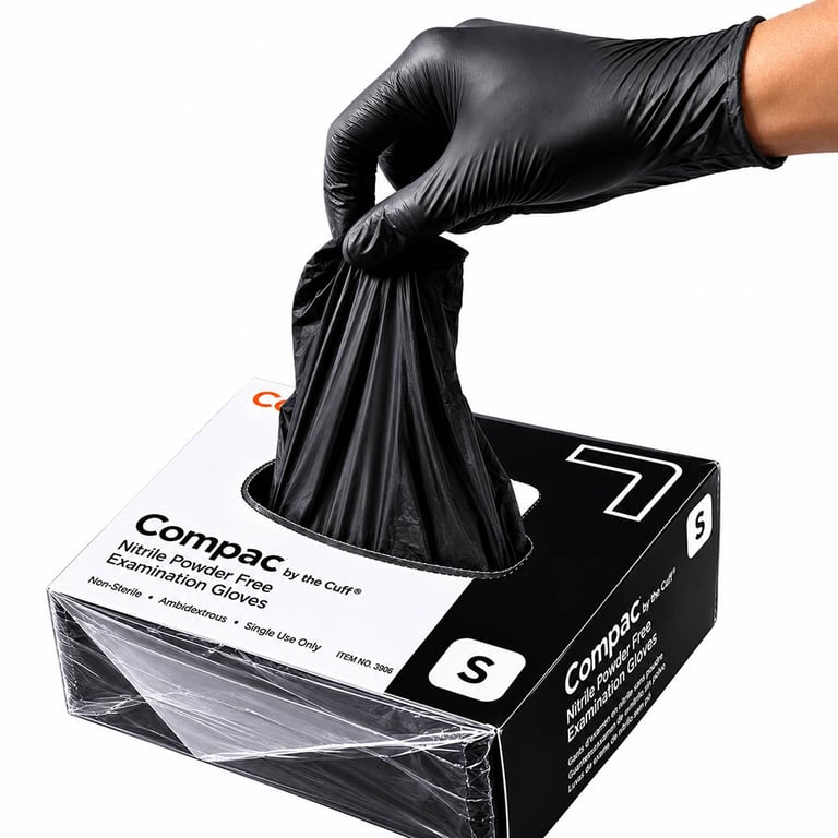 Compac By The Cuff Nitrile Powder Free Exam Gloves, Non-Sterile, Small, Black, 100/Pk. Features