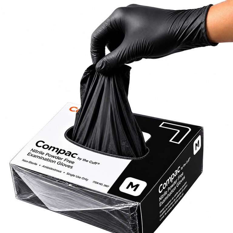 Compac By The Cuff Nitrile Powder Free Exam Gloves, Non-Sterile, Medium, Black, 100/Pk. Features
