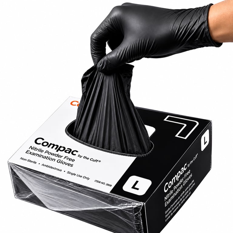 Compac By The Cuff Nitrile Powder Free Exam Gloves, Non-Sterile, Large, Black, 100/Pk. Features