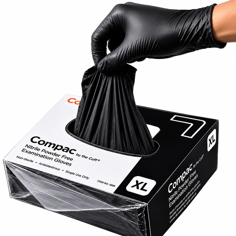 Compac By The Cuff Nitrile Powder Free Exam Gloves, Non-Sterile, X-Large, Black, 100/Pk. Features