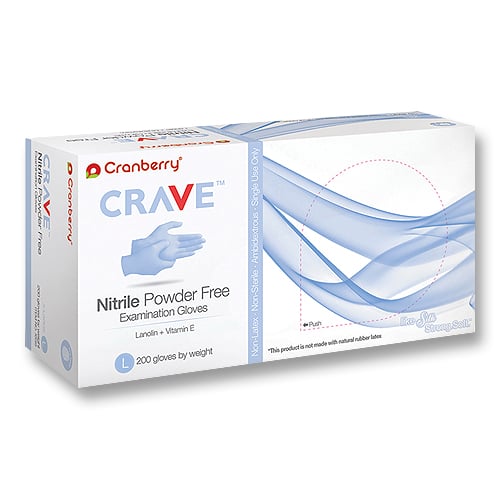 Crave Nitrile Exam gloves: Small, Powder-Free 200/Pk Finger Textured, Vitamin E and Lanolin