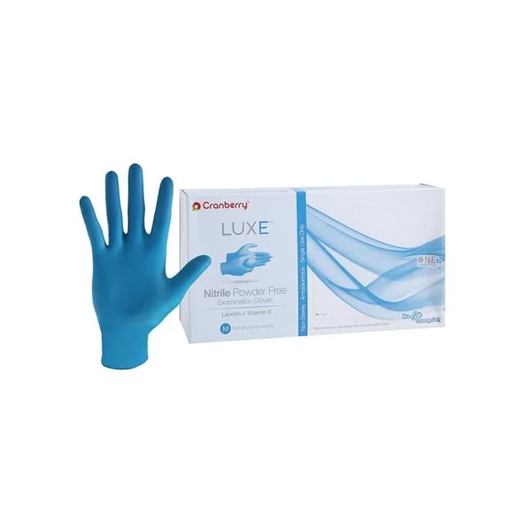 Luxe Nitrile Exam Gloves, Medium, Powder Free, Non-Sterile, Blue, 300/Box. Coated with a lanolin