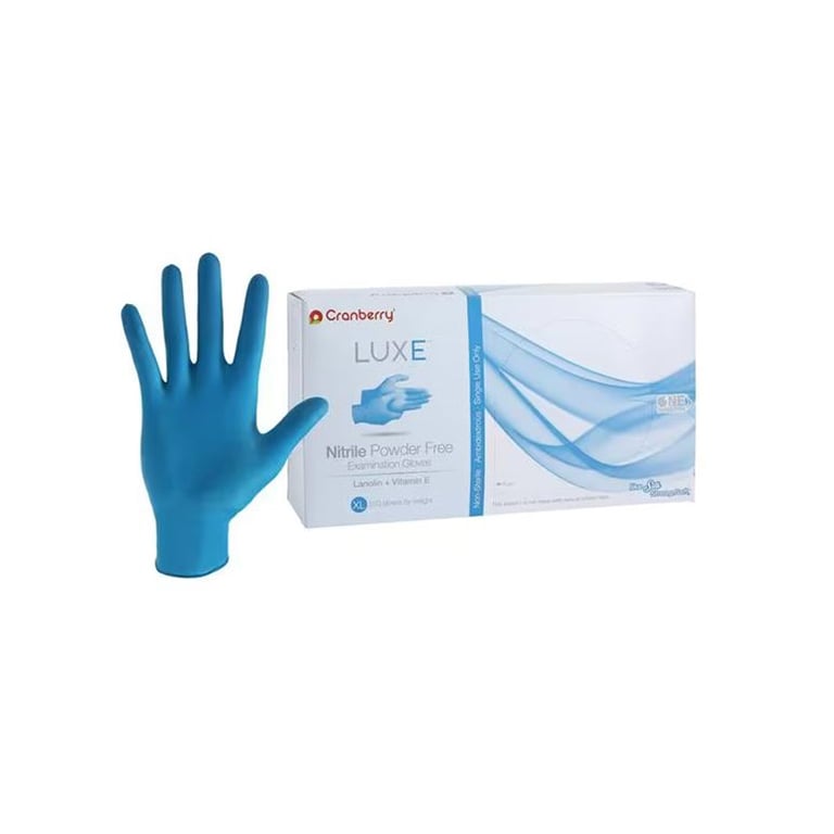 Luxe Nitrile Exam Gloves, X-Large, Powder Free, Non-Sterile, Blue, 250/Box. Coated with a lanolin