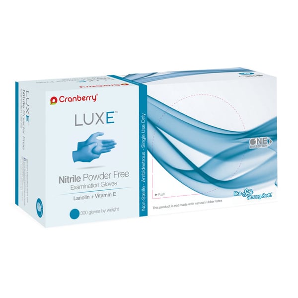 Luxe Nitrile Exam Gloves, Small, Powder Free, Non-Sterile, Blue, 300/Box. Coated with a lanolin