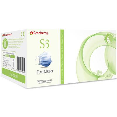 S3 Earloop Face Mask BLUE 50/Bx. Fluid Resistant, Latex-Free, Pleated 3-Ply & 4-Fold, BFE > 99%