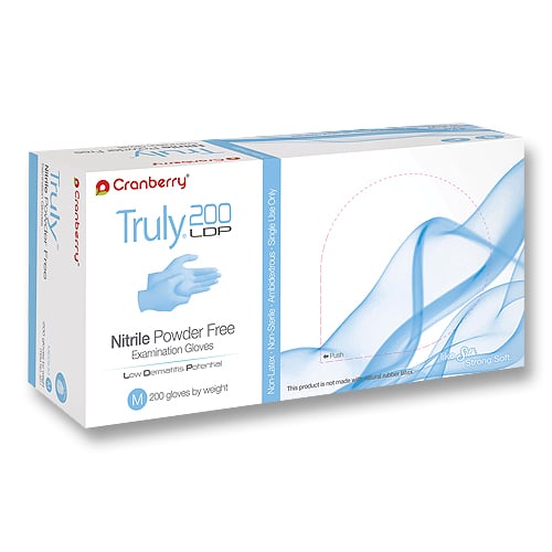 Truly 200 LDP Nitrile Exam gloves: SMALL Powder-Free 200/Pk Finger Textured, Blue, Non-Sterile