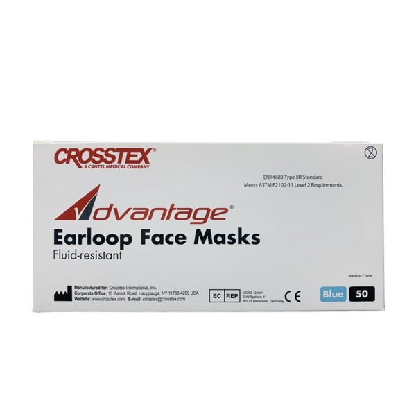 Advantage ASTM Level 2 Ear-Loop Face Mask, Blue 50/Bx. BFE > 98%, Fluid Resistant Outer and Inner