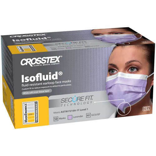 Isofluid SecureFit Earloop Masks - LAVENDER 50/Bx. Fluid Resistant Outer Layer, White Tissue Inner