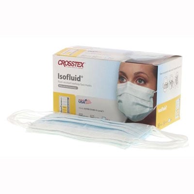 Isofluid Earloop Mask - Blue, 50/Bx. Fluid Resistant Outer Layer, White Tissue Inner Layer, BFE ≥