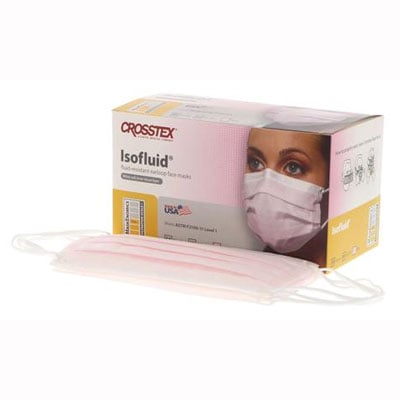 Isofluid Earloop Masks - Pink, 50/Bx. Fluid Resistant Outer Layer, White Tissue Inner Layer, BFE ≥
