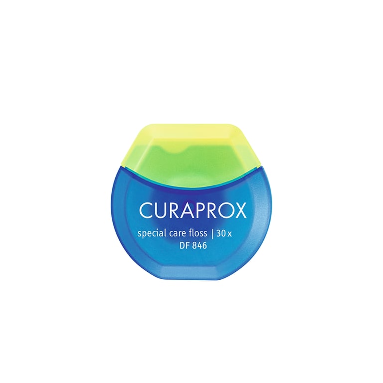 Curaprox DF 846 Implant-Saver Pre-Cut Dental Floss, 30/Pk. Features rigid nylon ends for insertion