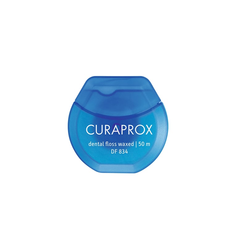 Curaprox DF 834 Dental Floss, Waxed, 50m, Mint, 1/Pk. Features a shred-resistant design