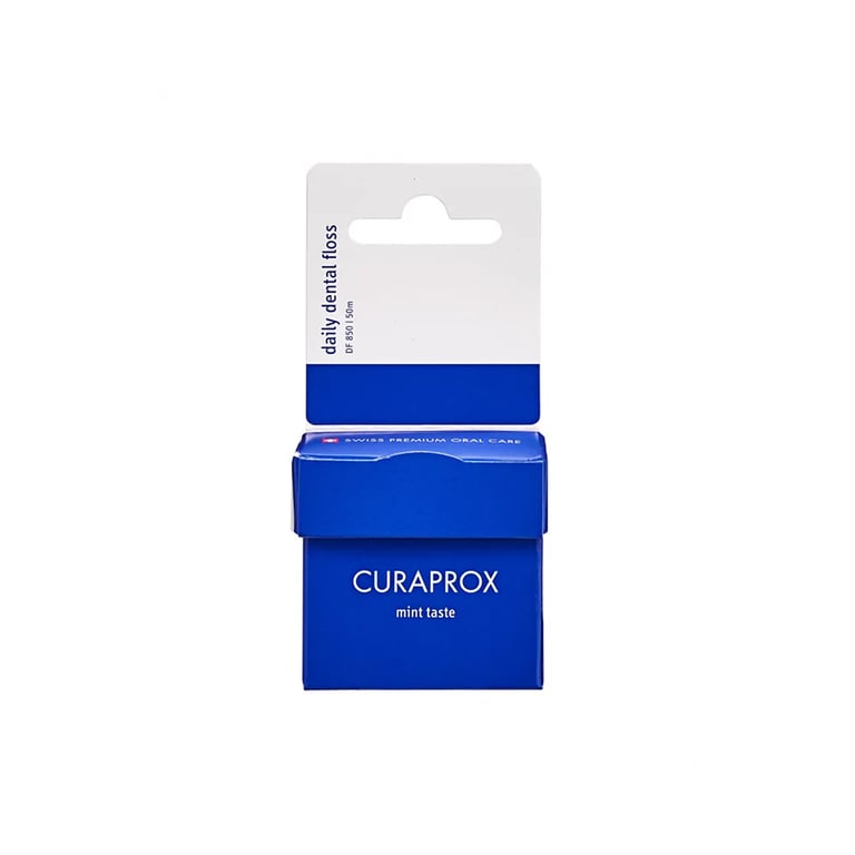 Curaprox DF 850 Daily Dental Floss, Waxed, 50m, Mint, 1/Pk. Features a flat profile